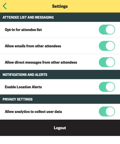 SXSW EDU 2019 mobile app settings.